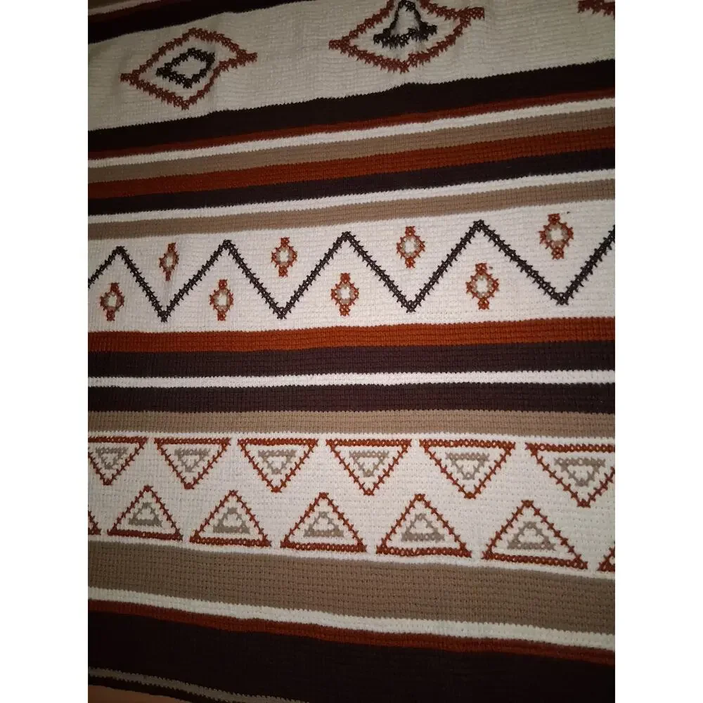 Vintage Crocheted Blanket Aztec Southwestern Grannycore 82x58